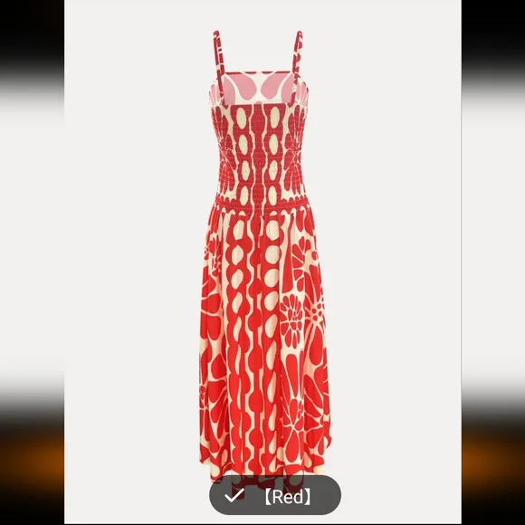 Red And White Designed Dropped Waist Maxi Dresd - Picture 5 of 11